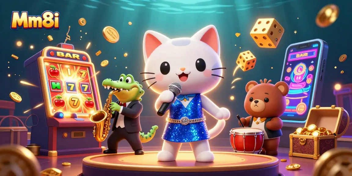Engage in winning strategies with Mm8i at this vibrant online casino scene featuring dynamic characters and casino elements.