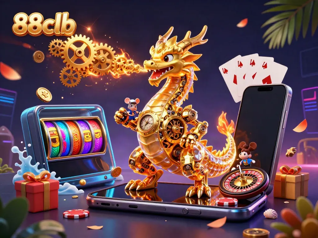 Win with 88clb in an enchanting 3D casino fantasy scene featuring a golden dragon and gaming elements.