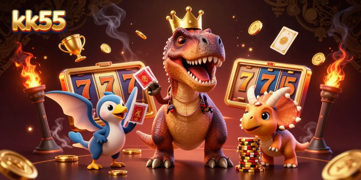 kk55 showcases a vibrant 3D cartoon T-Rex shuffling cards at a dynamic casino scene.