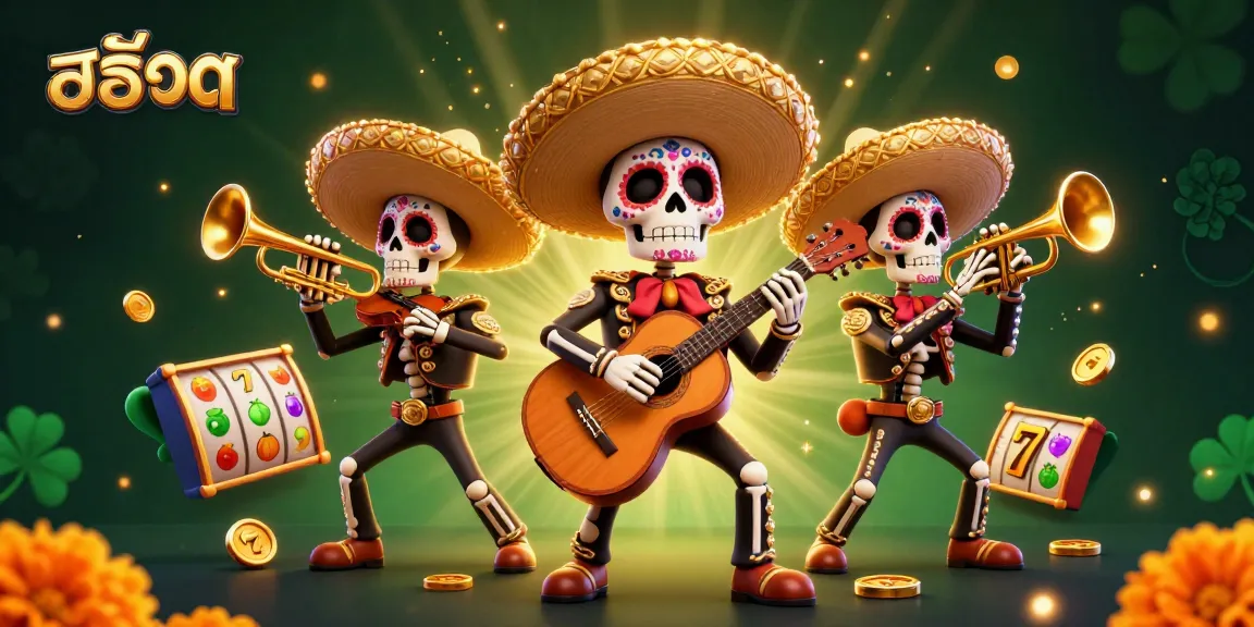 Spin the สล็อต slots with excitement, featuring colorful mariachi skeletons in a vibrant casino backdrop.