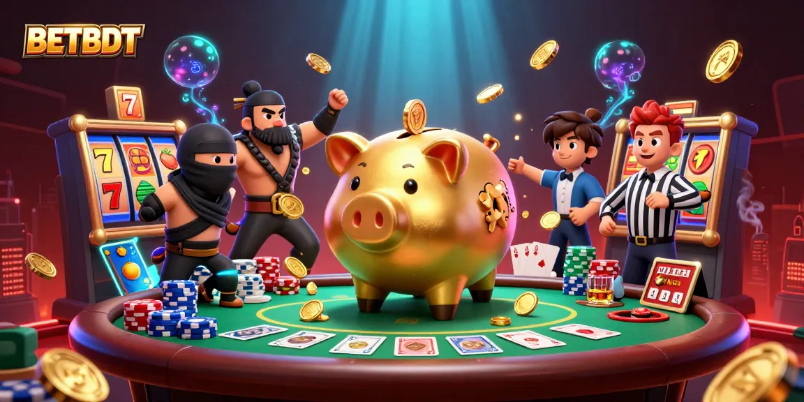 BETBDT showcases a dynamic scene with a golden piggy bank, wallet-ninja, and credit-card samurai amidst vibrant casino elements