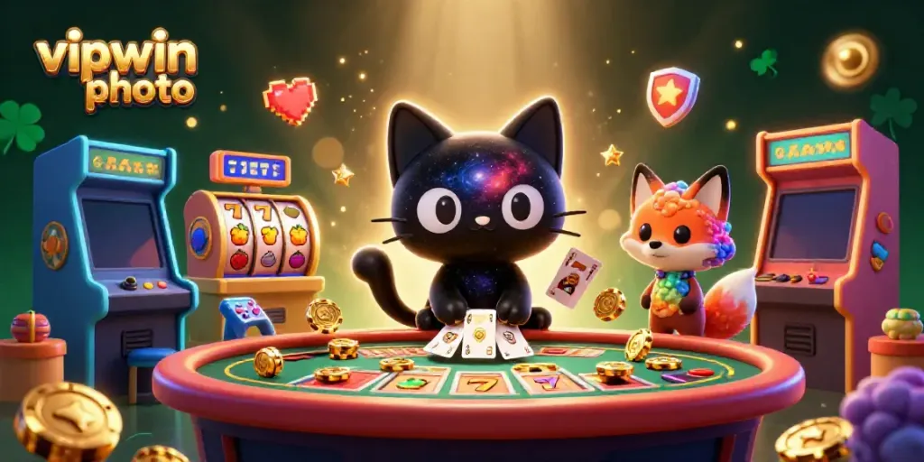 Experience the vibrant excitement of a cosmic casino in this lush vipwin photo scene featuring charming characters and slots.