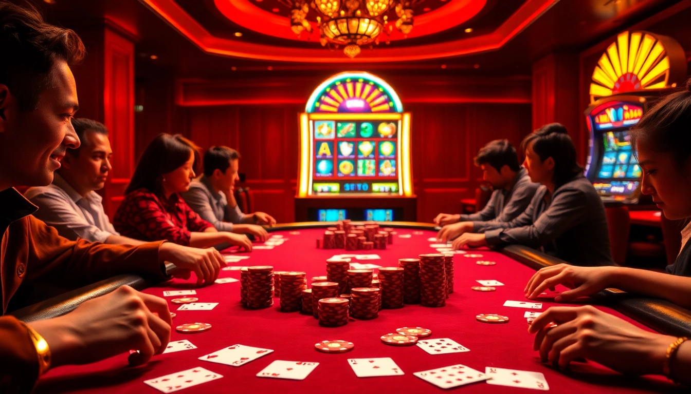 Experience thrilling poker action at tg88 with vibrant chips and cards in a luxurious casino setting.