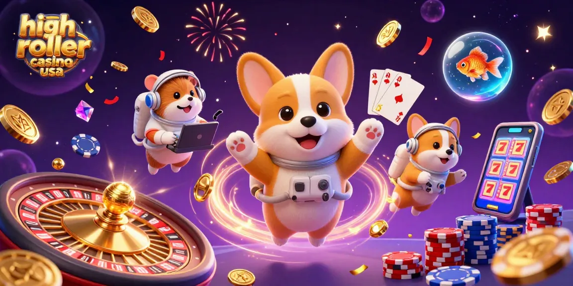 Experience excitement at a high roller casino usa with floating astronaut corgi and casino elements.