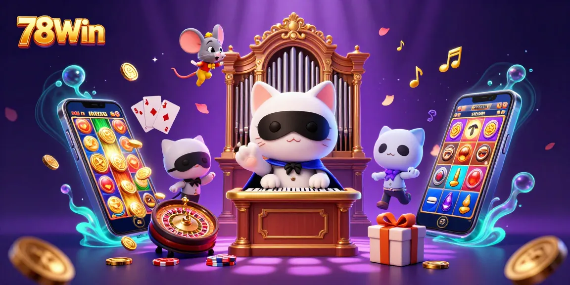 Experience thrilling gaming with 78Win's enchanting casino scene featuring charismatic characters and vibrant slot gameplay.