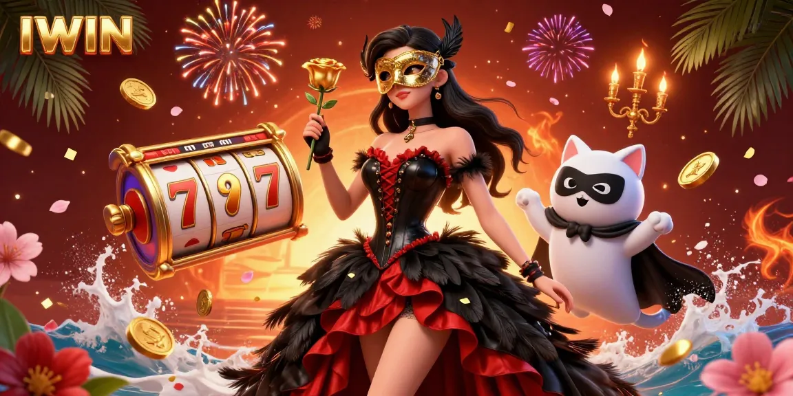 IWIN captivates players with vibrant 3D illustrations of spinning slot reels and festive celebrations in a luxurious casino atmosphere.