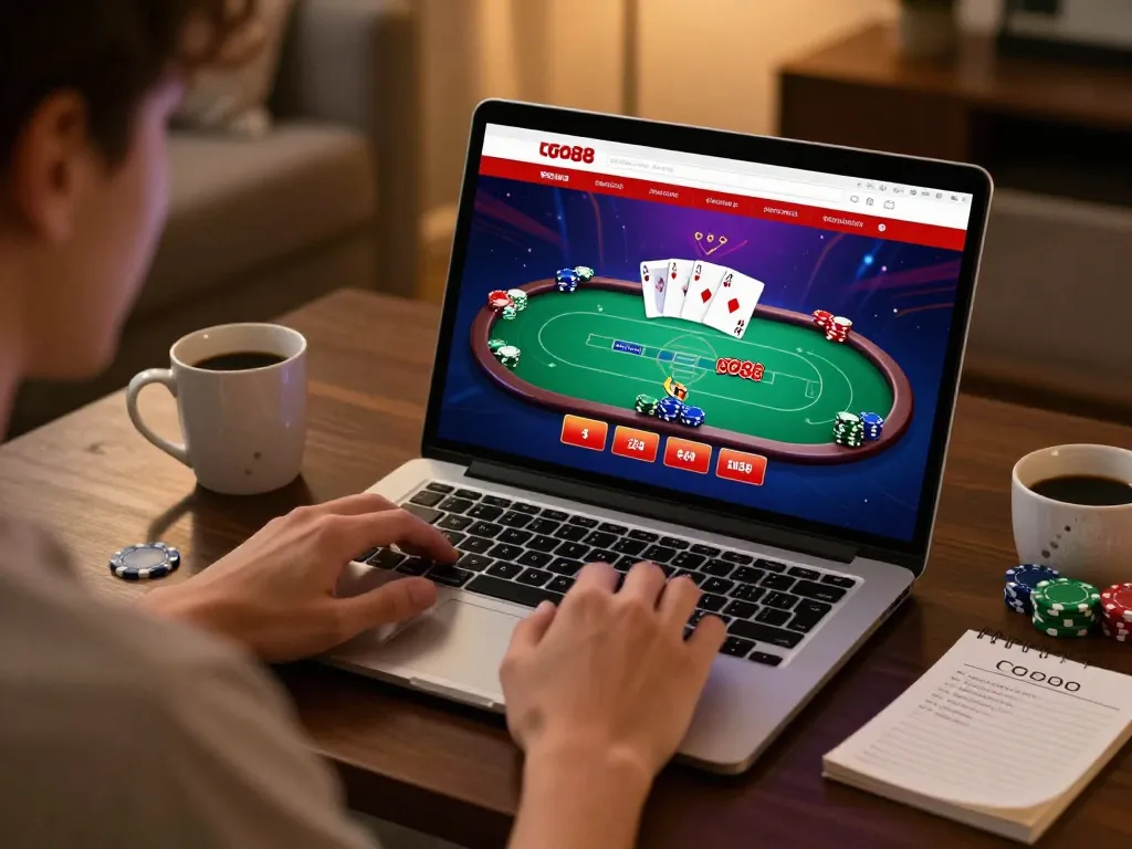 Player enjoying online poker at Go88 during cozy home gaming session.
