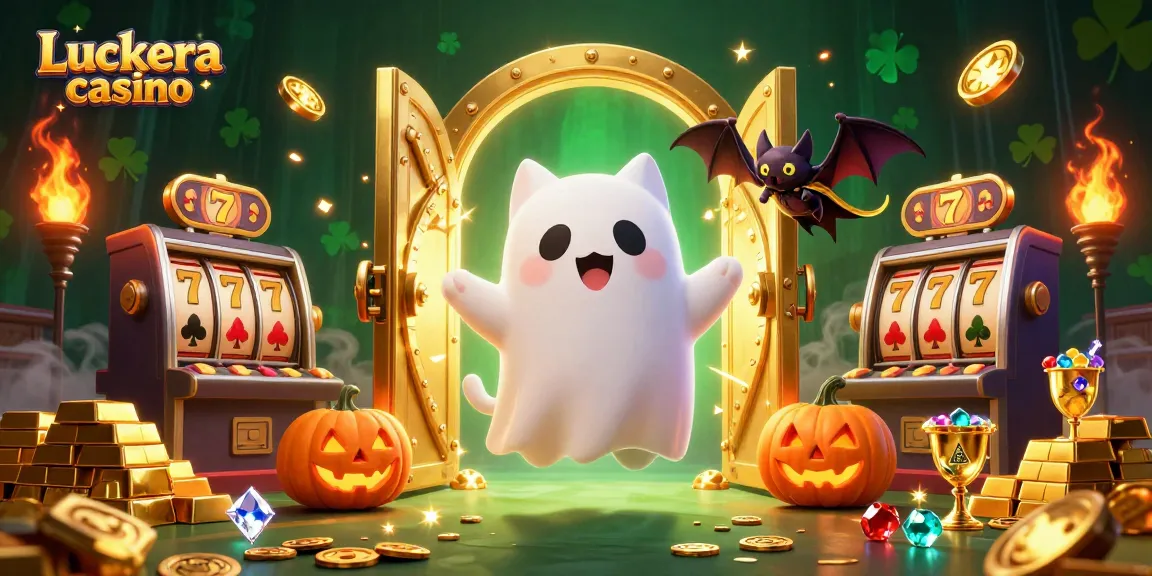Experience the thrill at Luckera casino with a ghost cat and vampire bat in a vibrant haunted scene.