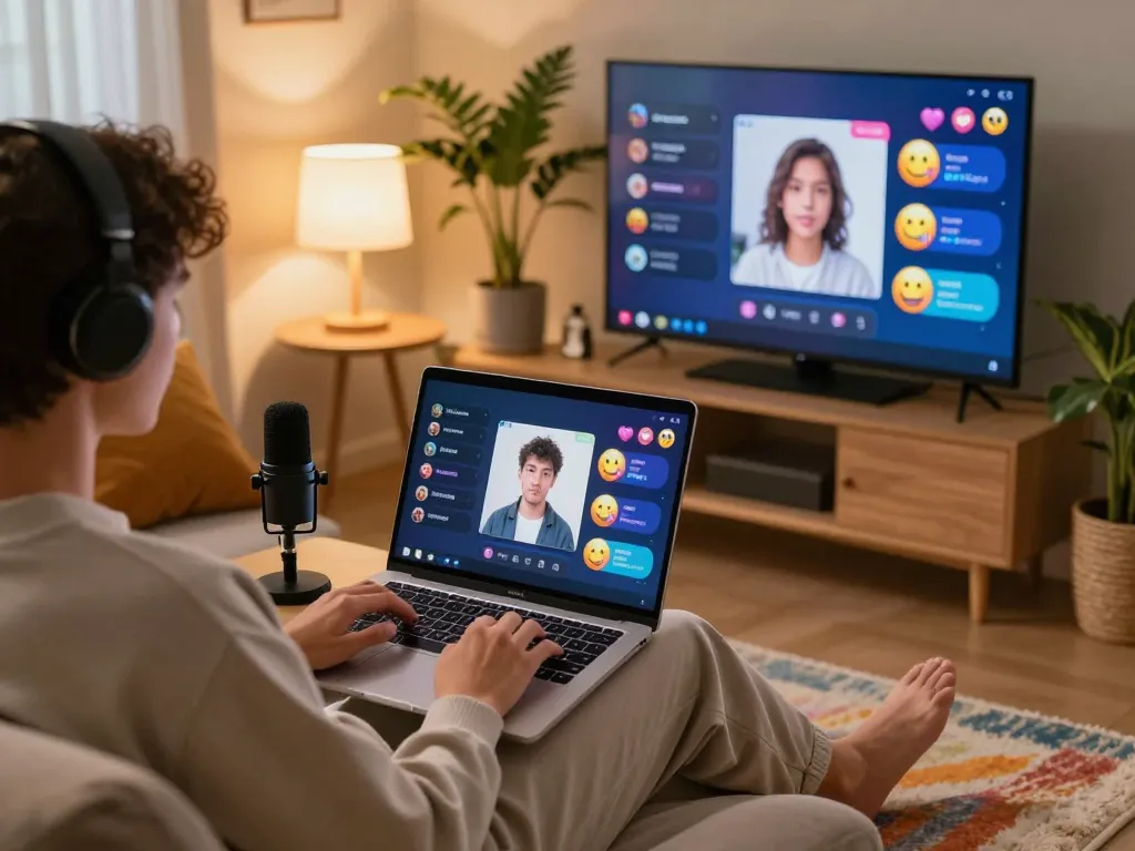 Person enjoying ai nsfw chat on a laptop in a cozy, stylish room.