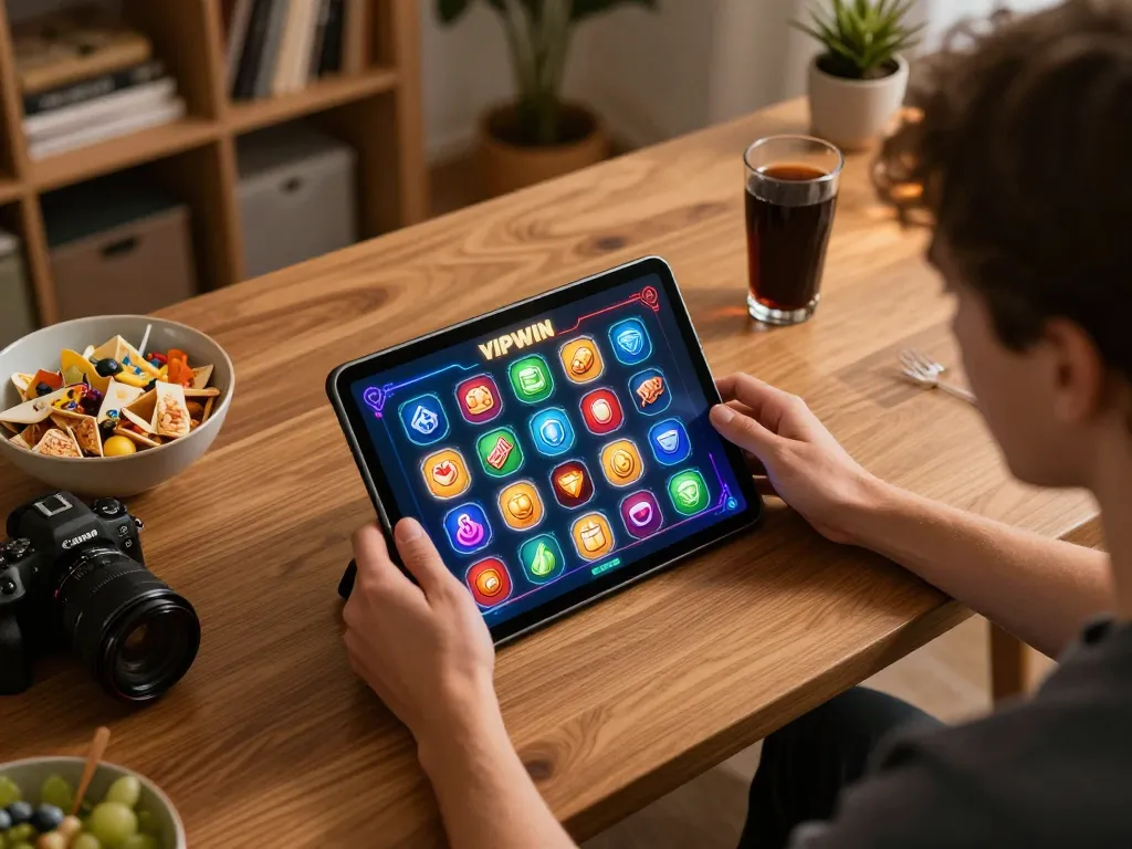 Player engaging in exciting VIPWIN online slots, capturing a vibrant gaming atmosphere at home.