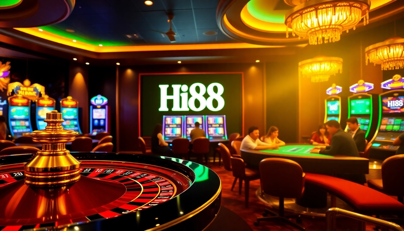 Players enjoying thrilling games at Hi88 casino with vibrant slot machines and poker chips.