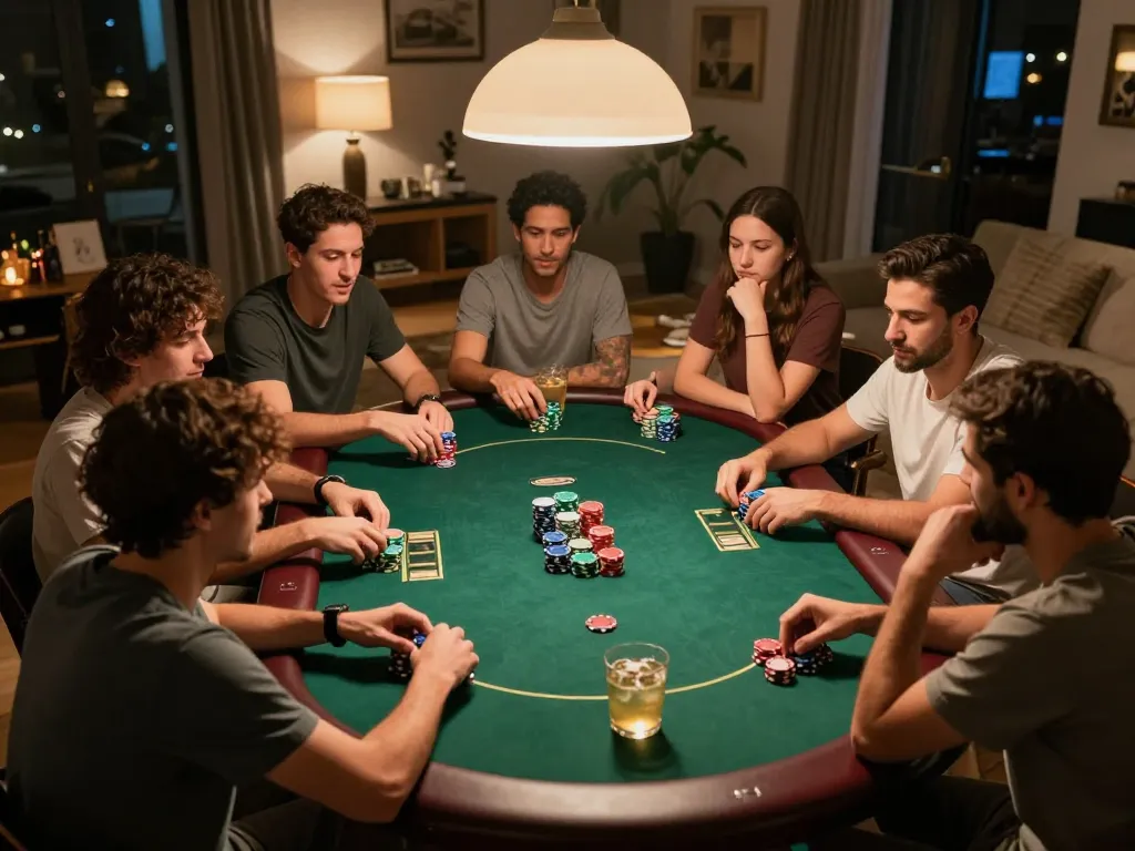 Engaged friends playing poker at home during a gaming night focused on mm88com strategies.