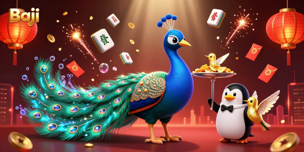 Baji presents a vibrant gaming scene with rich casino elements, peacock, penguin, and hummingbird.