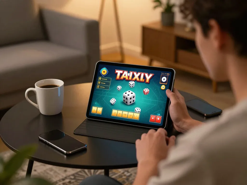Tai Xiu online gameplay on a tablet in a cozy home environment, showcasing strategic gaming atmosphere.