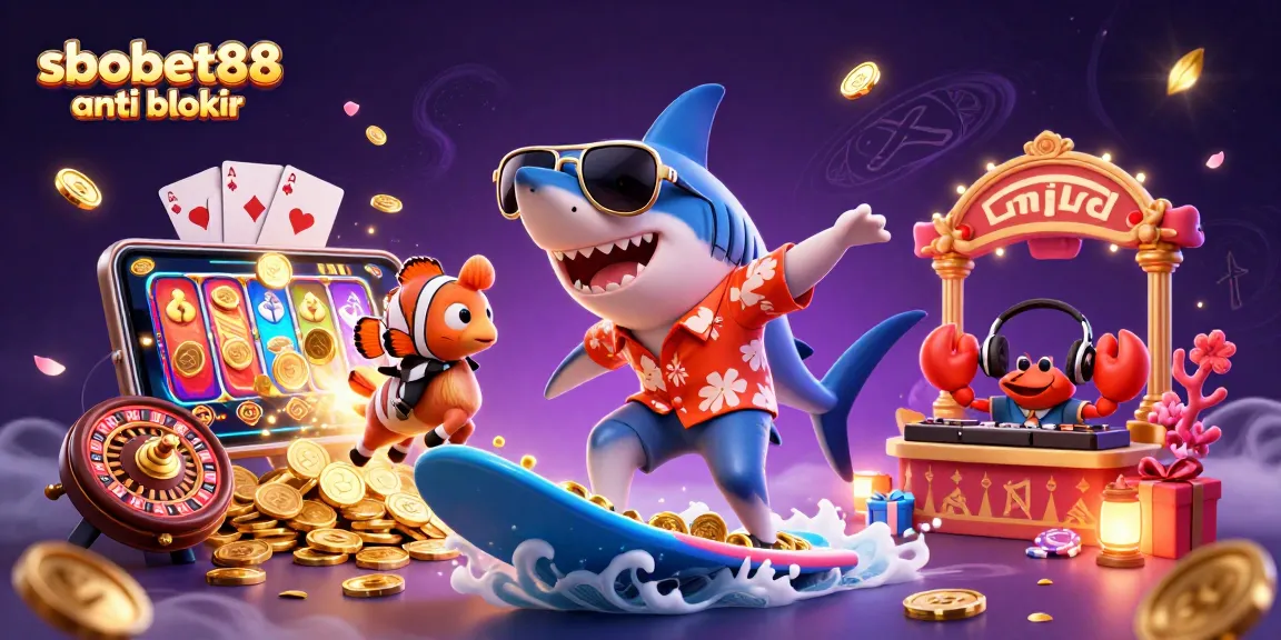SBOBET88 anti blokir scene with a shark, clownfish, and crab, immersed in a casino-themed adventure.