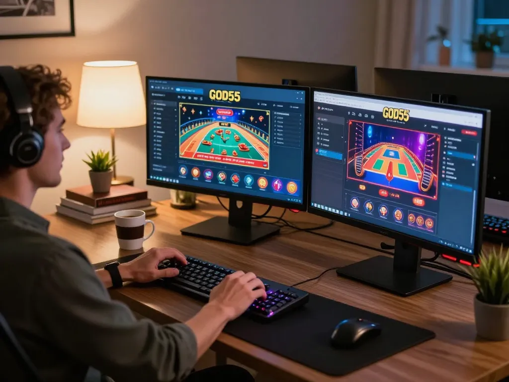 Engaging player on God55 online casino platform in a cozy home office setup.