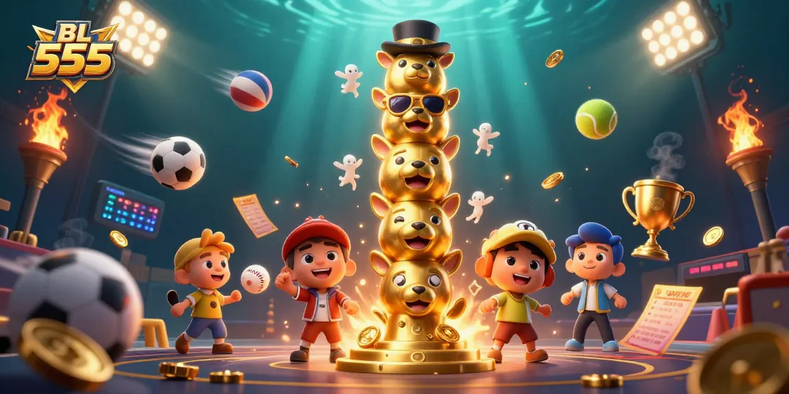 Experience the thrill of gaming at BL 555 with dynamic sports elements and a gold totem.