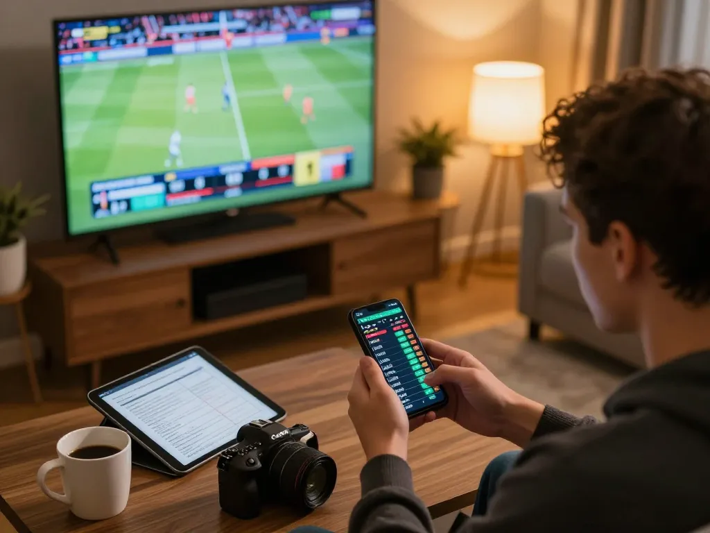 Watch live sports betting on https://f168.osaka/ with a smartphone displaying betting odds and a cozy setup.