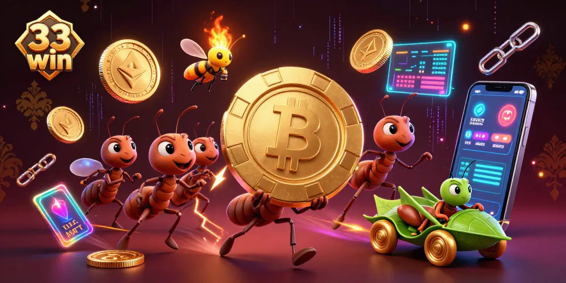 Experience the thrilling 33 win adventure as ants stealthily carry a colossal poker chip while surrounded by crypto elements.