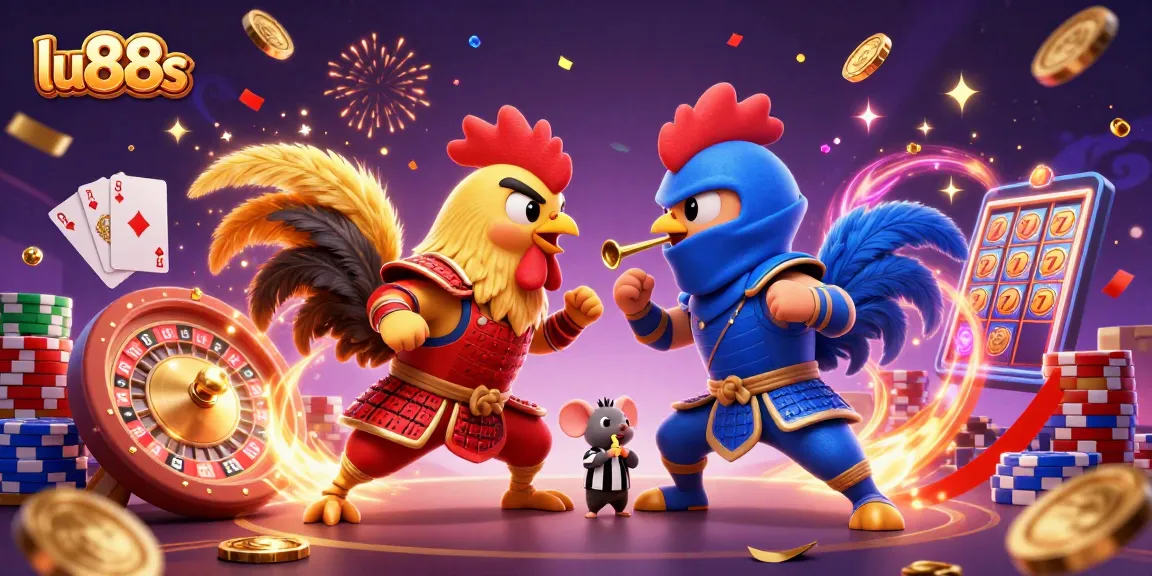 Feel the excitement at lu88s with a thrilling showdown between samurai and ninja roosters in an energetic casino scene.