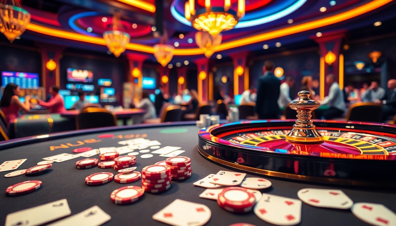 Experience the thrill of AU88 gaming with vibrant casino visuals featuring poker chips and roulette.