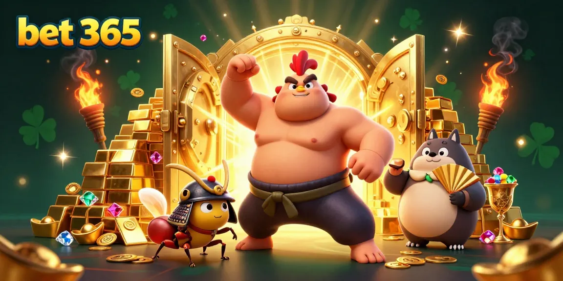 Engage with bet 365 by entering a vibrant casino scene with characters amidst jewels and treasures.