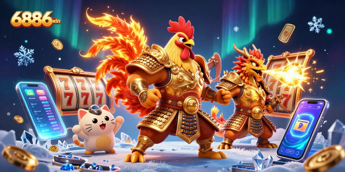 Engage with 6886win's thrilling gameplay, featuring a captivating rooster warrior and dragon in action.