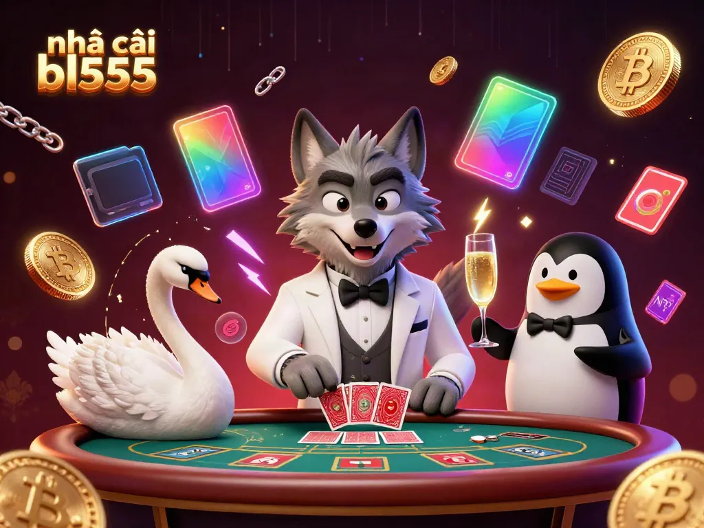Experience thrilling baccarat gameplay with nhà cái bl555, featuring a wolf, swan, and penguin in a vibrant scene.