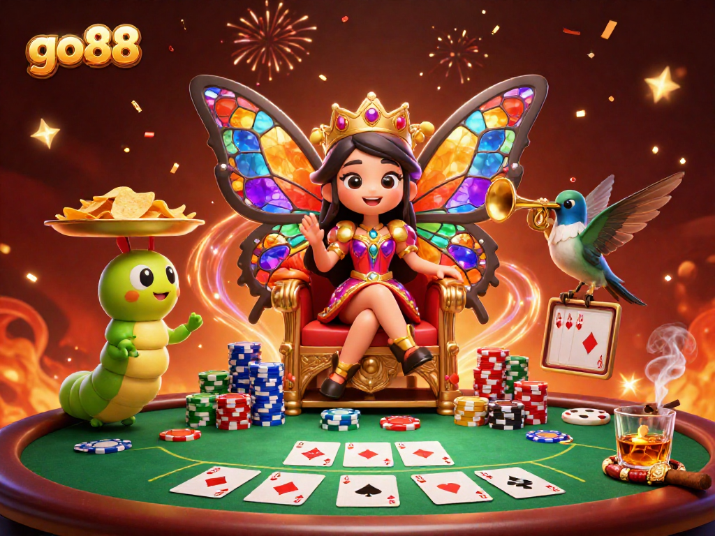Engage in the bright world of go88 casino games with vibrant characters and dynamic poker elements.