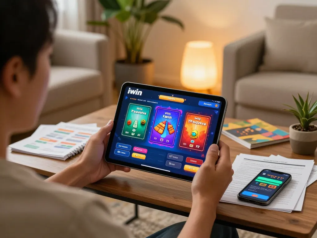 Engaged player enjoying iwin casino games on tablet with strategy notes nearby