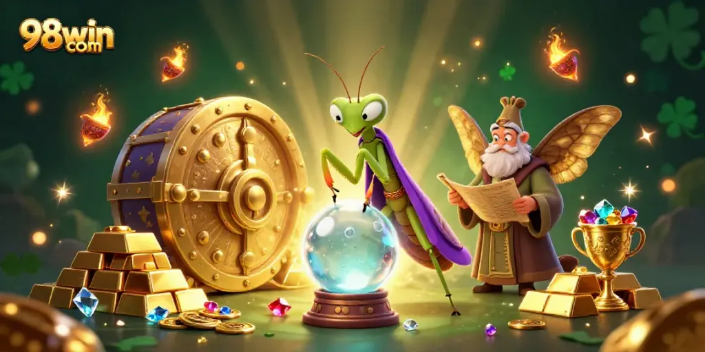 Engage with the enchanting world of 98win com, a cartoon scene featuring mystical characters amid vibrant casino treasures.