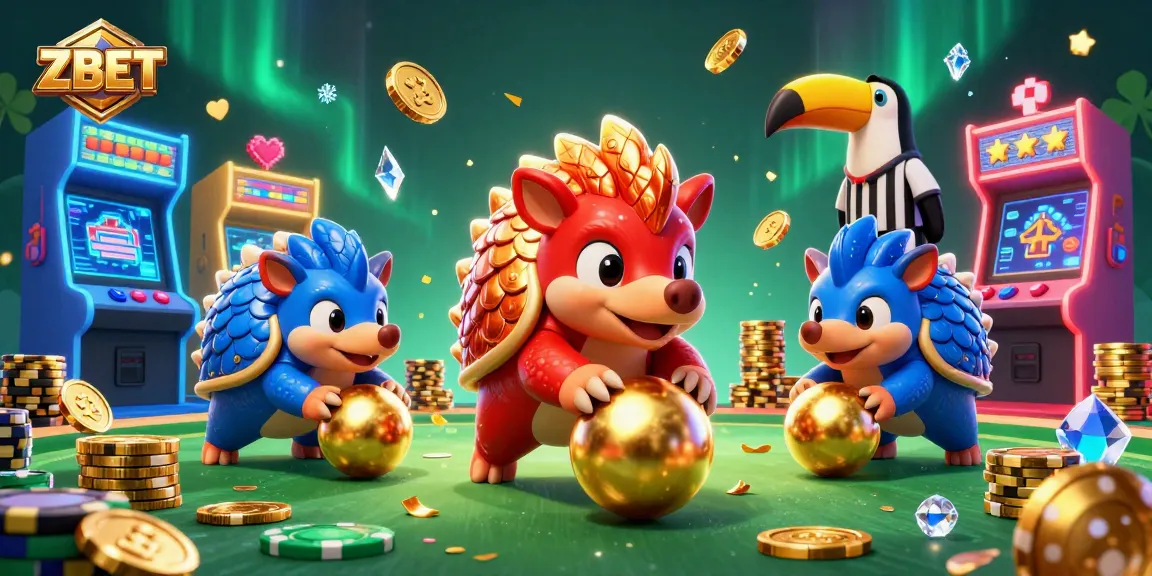 ZBET pangolins compete in a colorful 3D casino scene filled with game elements and confetti.