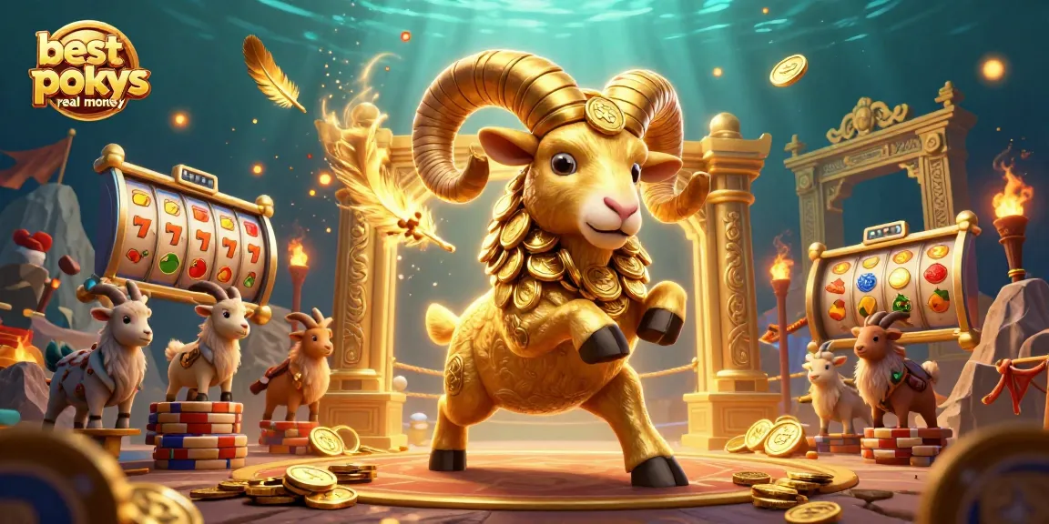 A cartoon scene showcasing the best online pokies real money, featuring a golden ram charging through a slot-themed arena with gold coins and vibrant effects.
