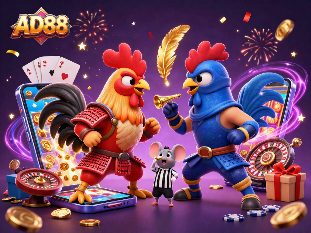 Engage in thrilling gameplay at AD88 with 3D cartoon roosters in dynamic casino action