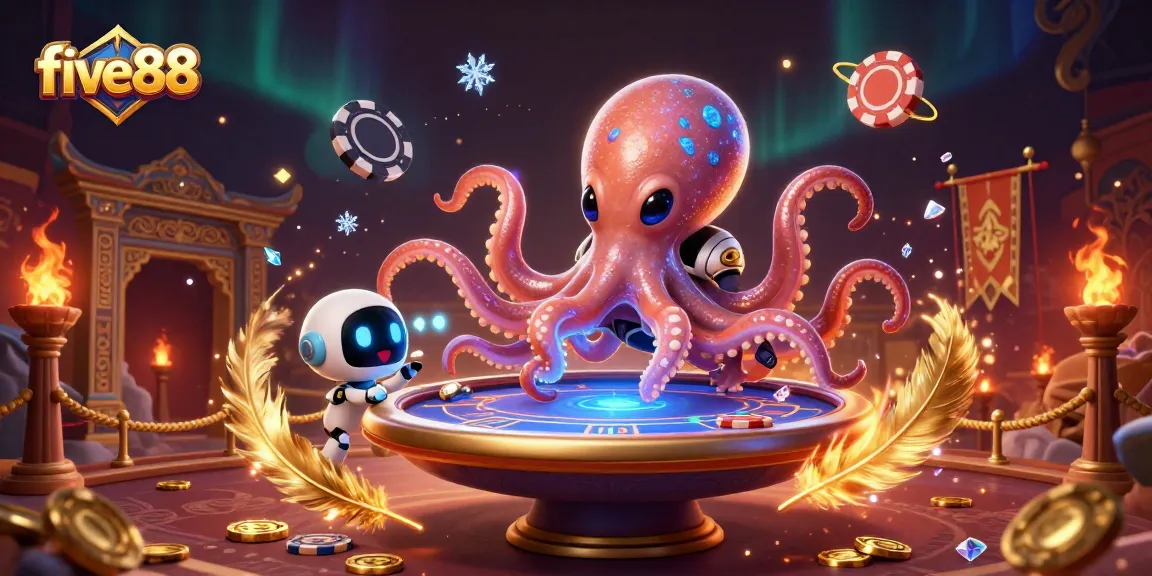 Play exciting poker with five88 while an alien octopus and robot create a vibrant gaming atmosphere.