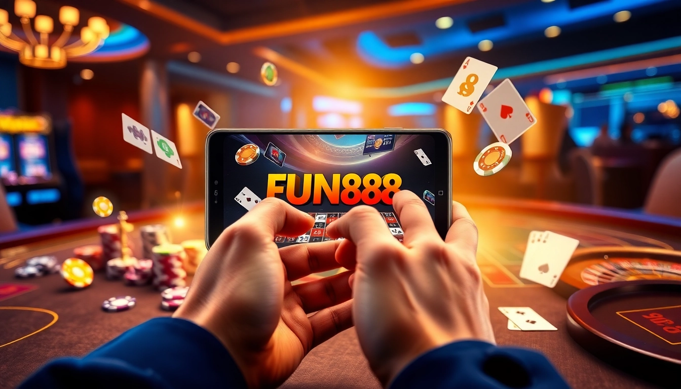 Engaging users with the FUN88 app in a vibrant online casino atmosphere featuring casino elements.