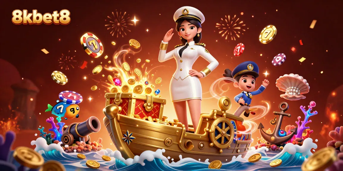 8kbet8 showcases a vibrant casino scene with slots, coins, and a commanding naval officer.