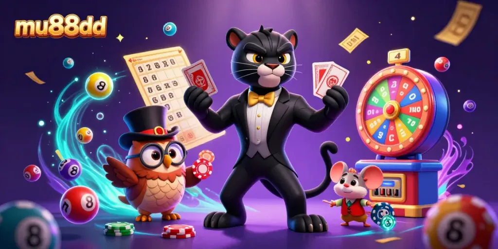 Experience the thrill of winning at mu88dd with a dynamic scene featuring a panther dealer, an owl, and a lucky mouse.