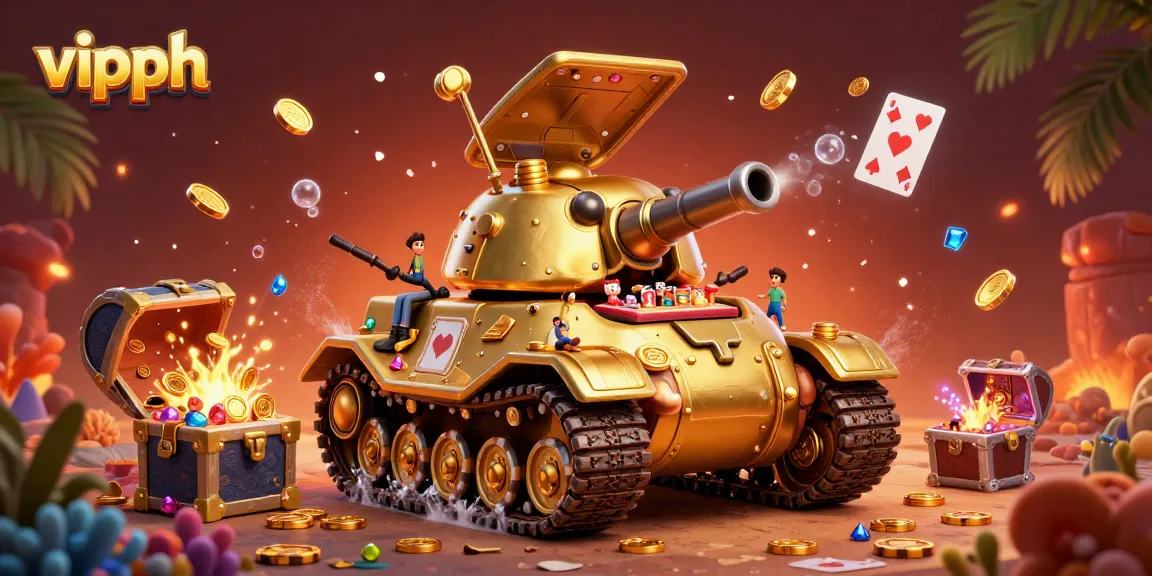 Experience the excitement of vipph's casino in a dynamic 3D illustration with a golden beetle tank revealing a miniature venue.