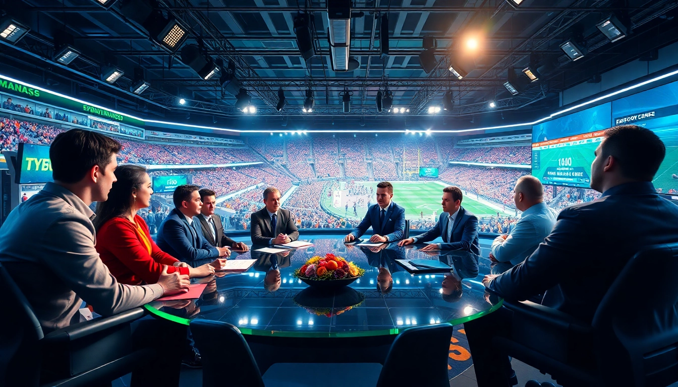 Engaging commentators in a dynamic sports broadcasting environment with vibrant visuals.