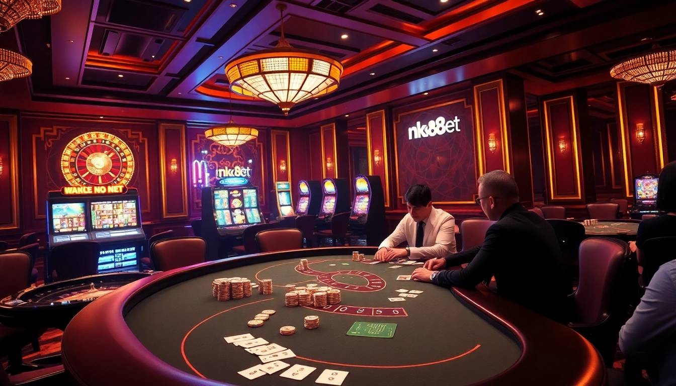Engaged players at the luxurious poker table in nk88 net casino, reveling in high-stakes excitement.