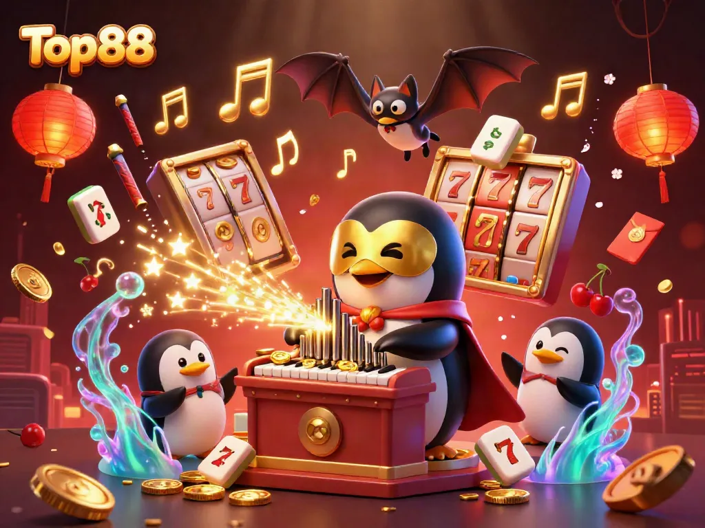 Top88 penguin music player shooting coins while acrobatic bat soars above in a vibrant casino scene.