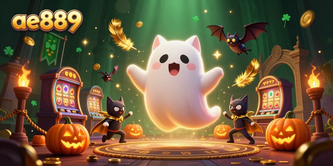 Experience big wins at ae889 with a lively ghost cat and poker jack-o-lanterns in a haunted casino.