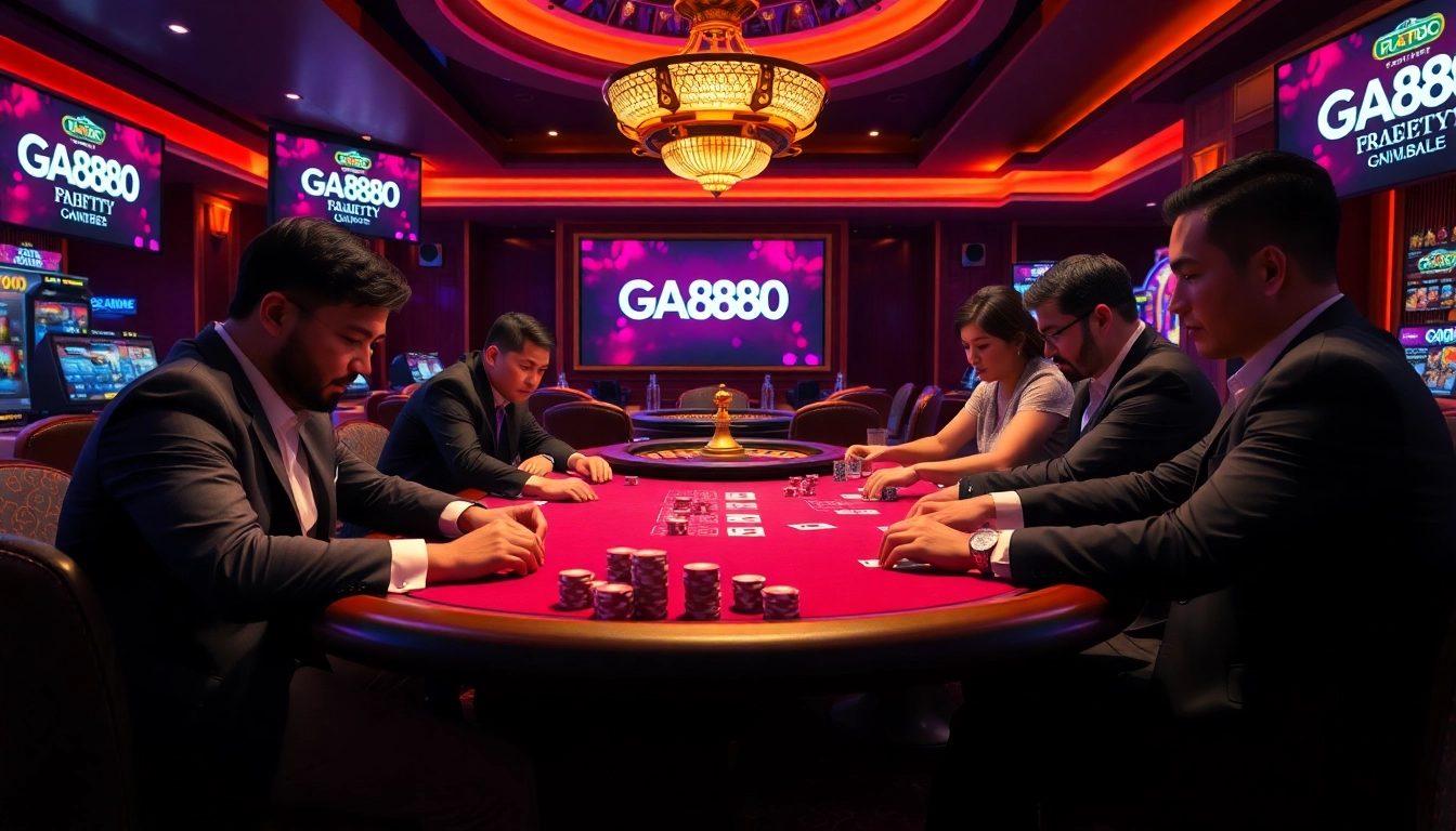 Players strategizing at the GA888 poker table under luxurious lighting, capturing the thrill of gambling.