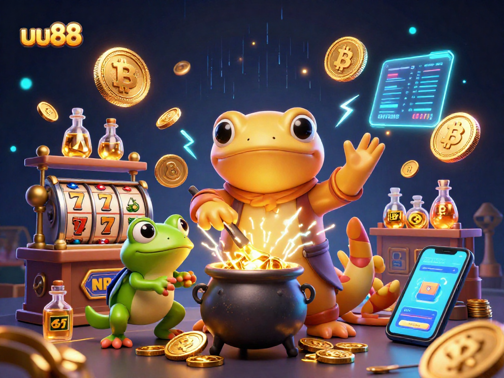 uu88 enhances gaming with vibrant 3D casino characters transmuting gold and crypto elements.