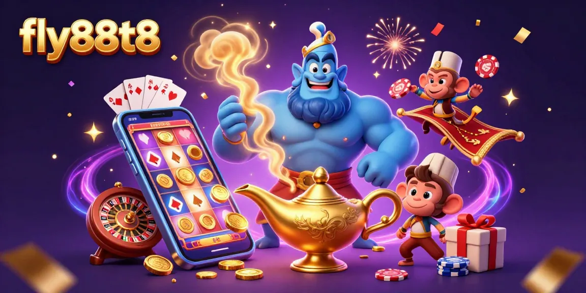 Fly88t8 welcomes you to an exciting 3D casino adventure featuring a genie, magic carpet, and a smartphone slot game.