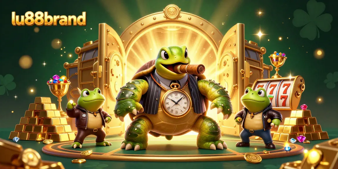 Experience the excitement of lu88brand's online casino with a dynamic 3D turtle mobster and vibrant game elements.