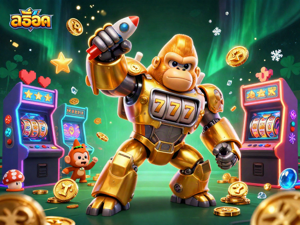Engage with the exciting world of สล็อต through this dynamic 3D illustration of a golden gorilla mech and arcade elements.