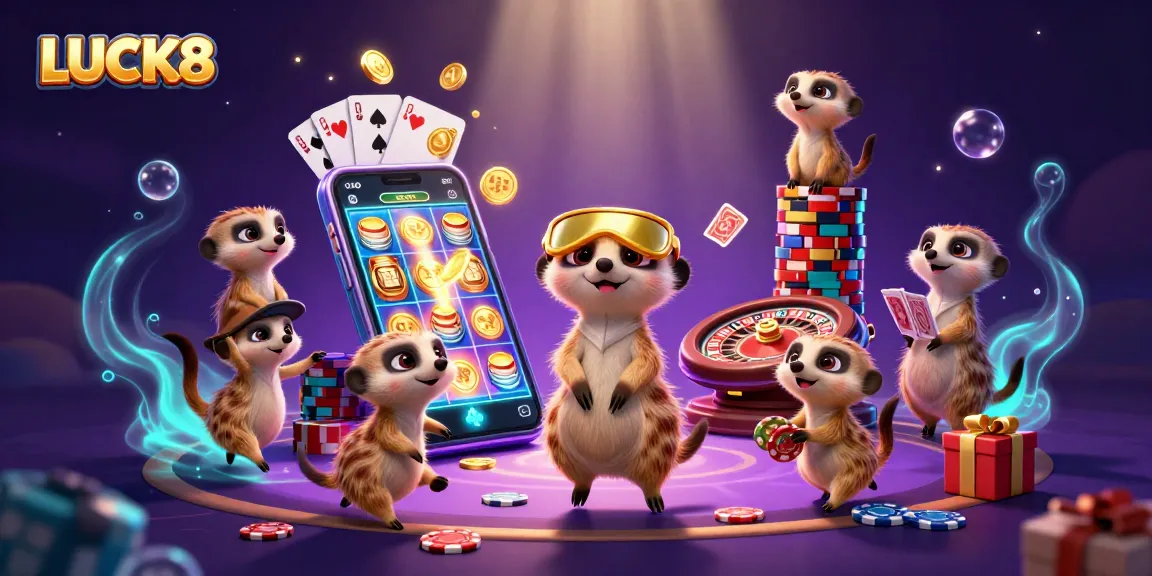Experience LUCK8 in a vibrant meerkat casino scene filled with slot games and excitement