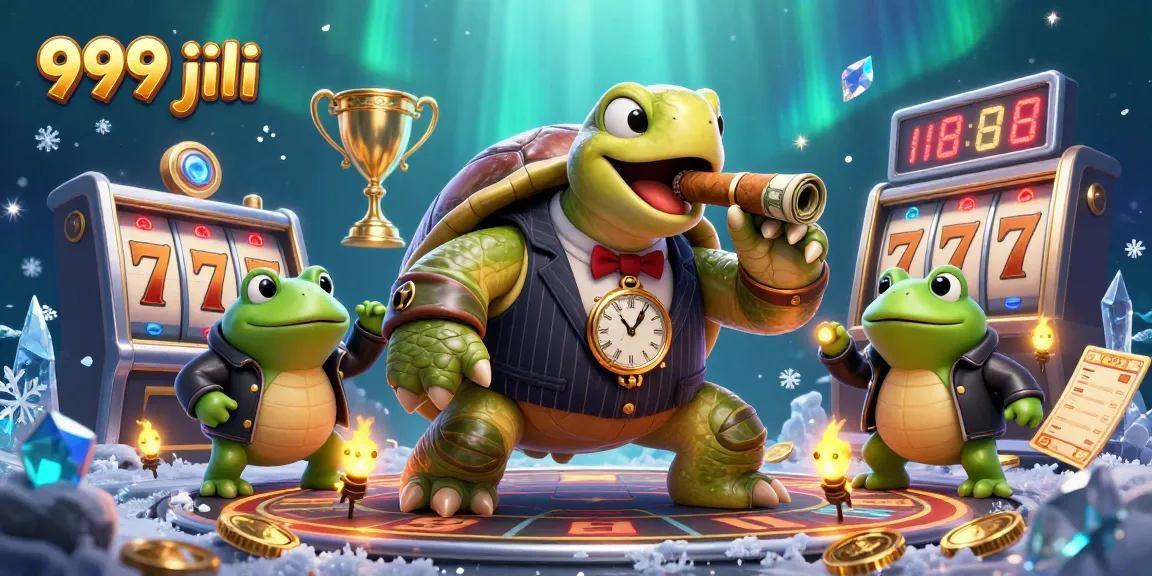 Engage with 999 jili's vibrant casino scene featuring a snapping turtle in a stylish suit amidst dynamic gaming elements.